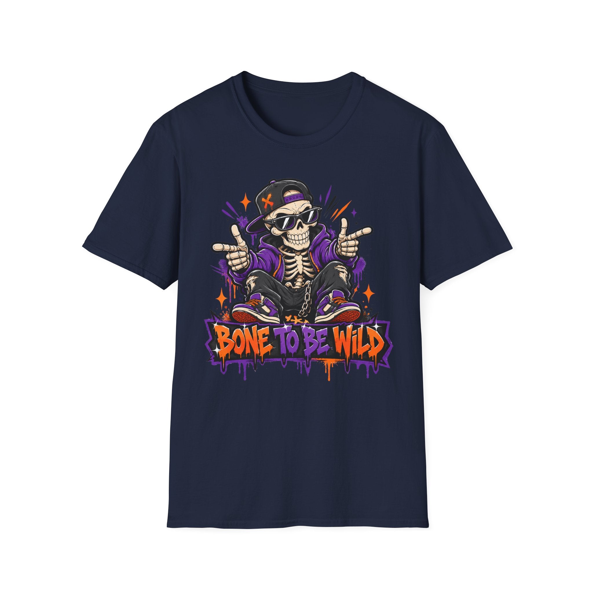 Skull DJ graphic T-shirt, navy with colorful front print
