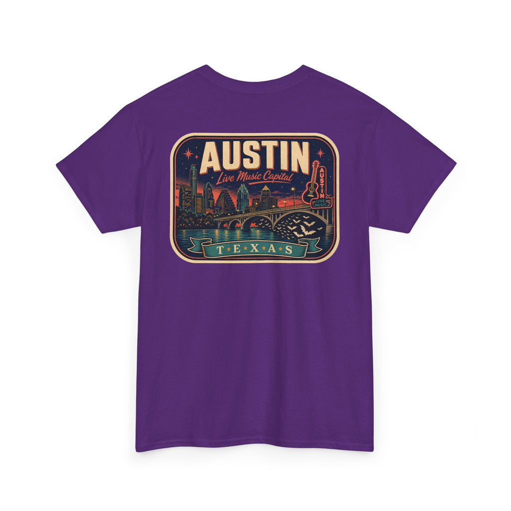 Purple T-shirt with retro Austin Texas skyline badge graphic on front