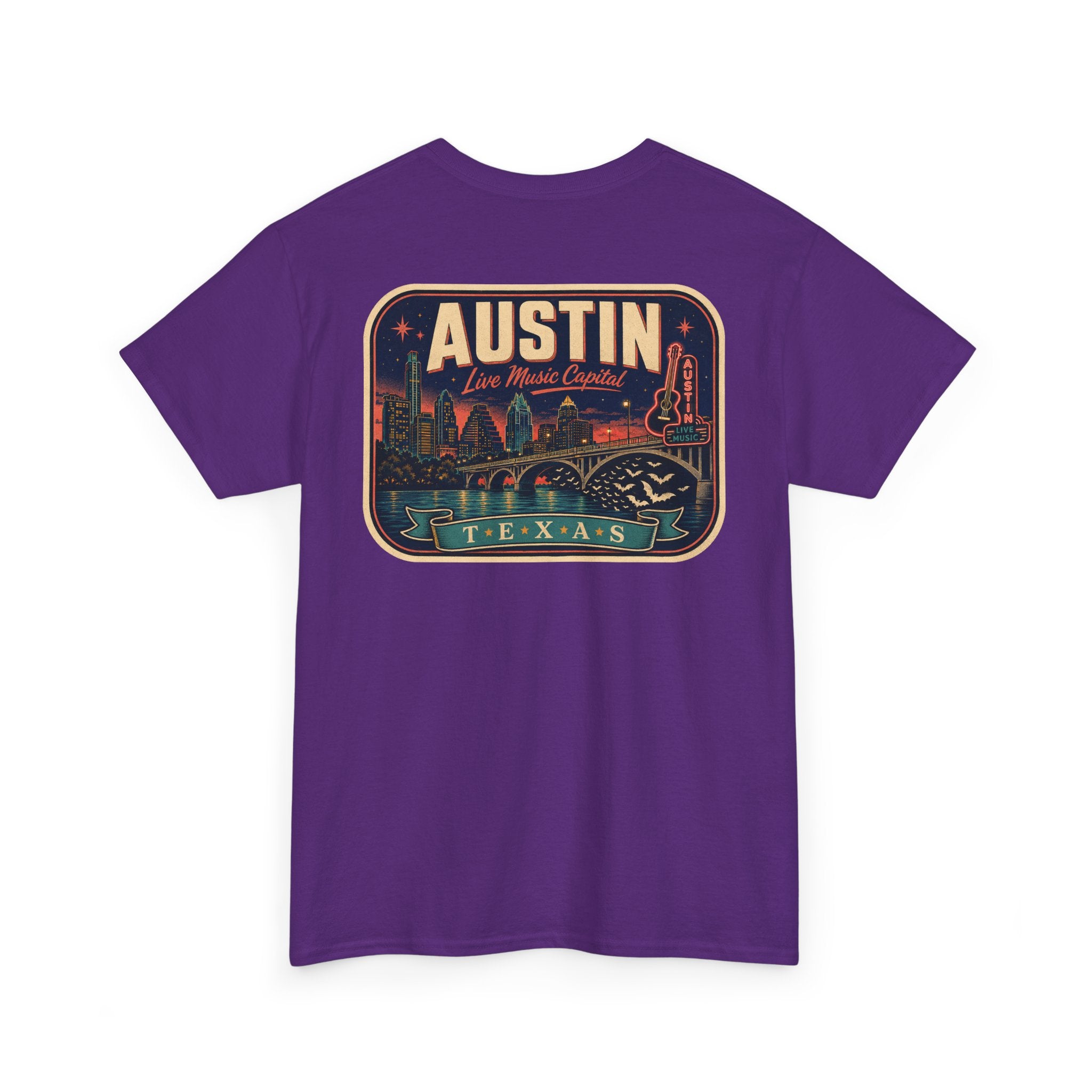 Purple T-shirt with retro Austin Texas skyline badge graphic on front