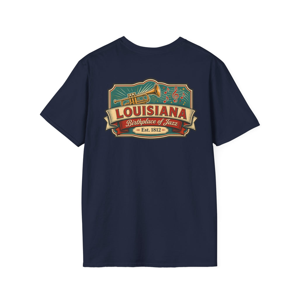 Navy Louisiana T-shirt with vintage travel graphic chest print