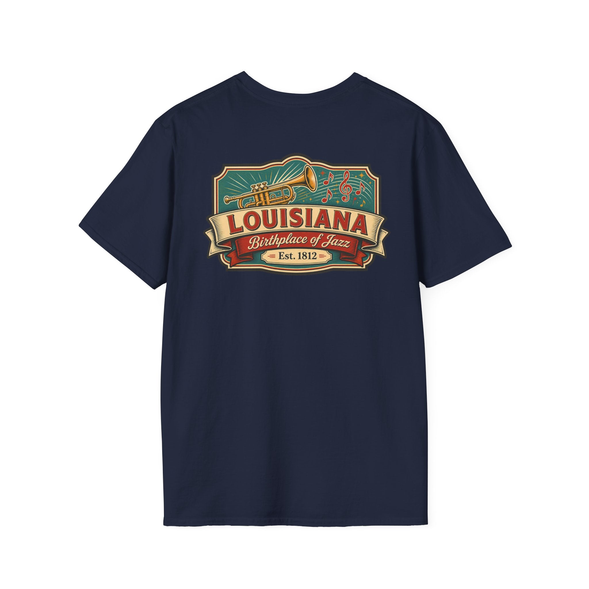 Navy Louisiana T-shirt with vintage travel graphic chest print