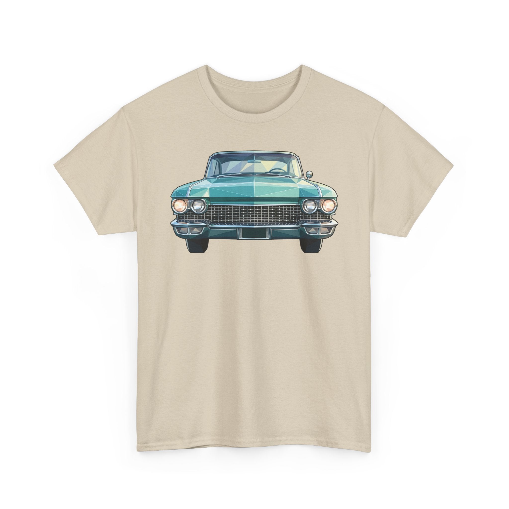 Sand crewneck T-shirt with teal classic car illustration, front view on chest