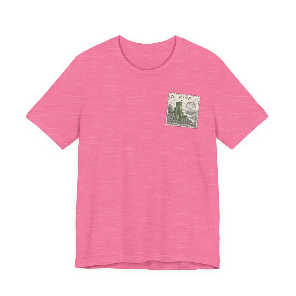 Pink crewneck t-shirt with small vintage postage stamp graphic on chest