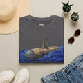 Charcoal gray crewneck T-shirt with submarine illustration graphic across the chest