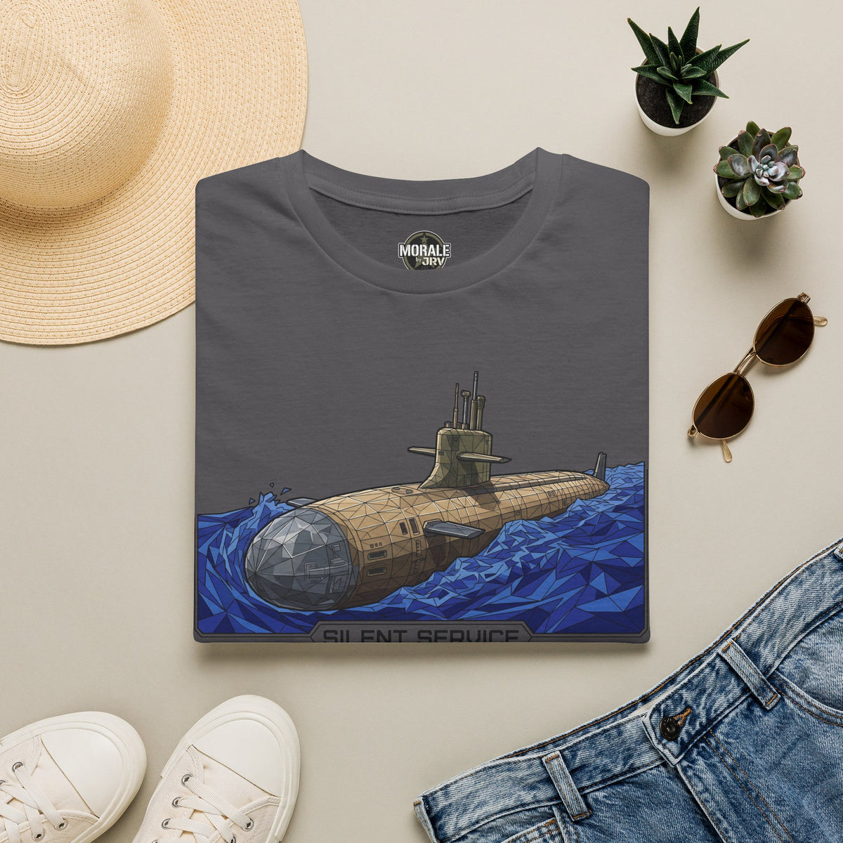 Charcoal gray crewneck T-shirt with submarine illustration graphic across the chest