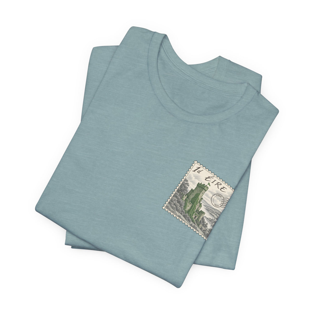 Teal crewneck t-shirt set, showing postage stamp graphic on folded front