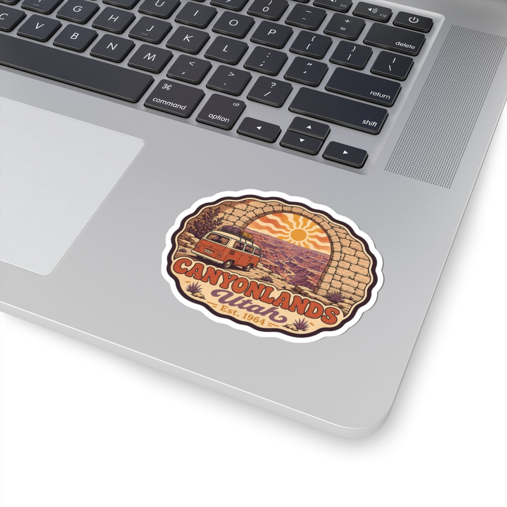 Canyonlands Utah vintage camper van sticker shown on white border edge
