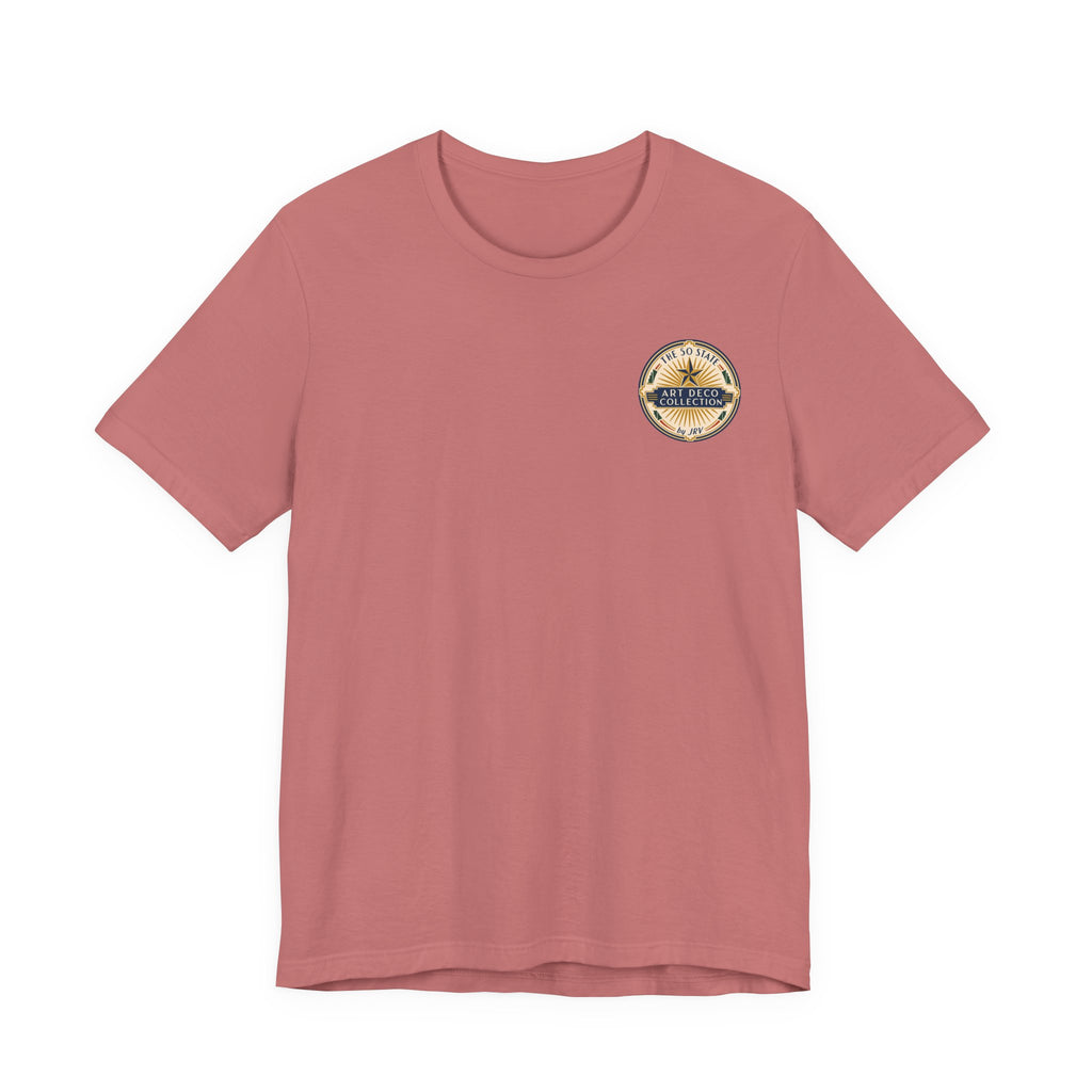 Rose t-shirt with small circular logo patch on chest