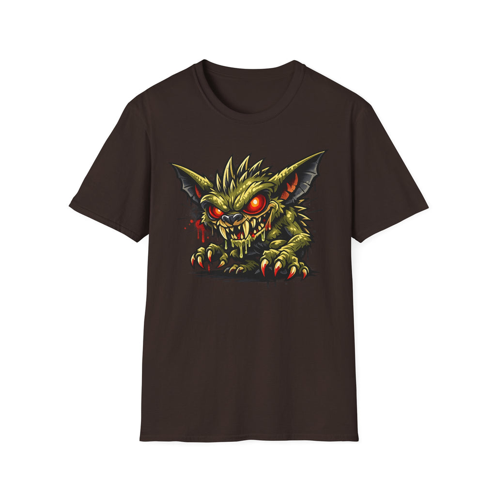 Unisex dark crewneck T-shirt with green gremlin red-eyed graphic