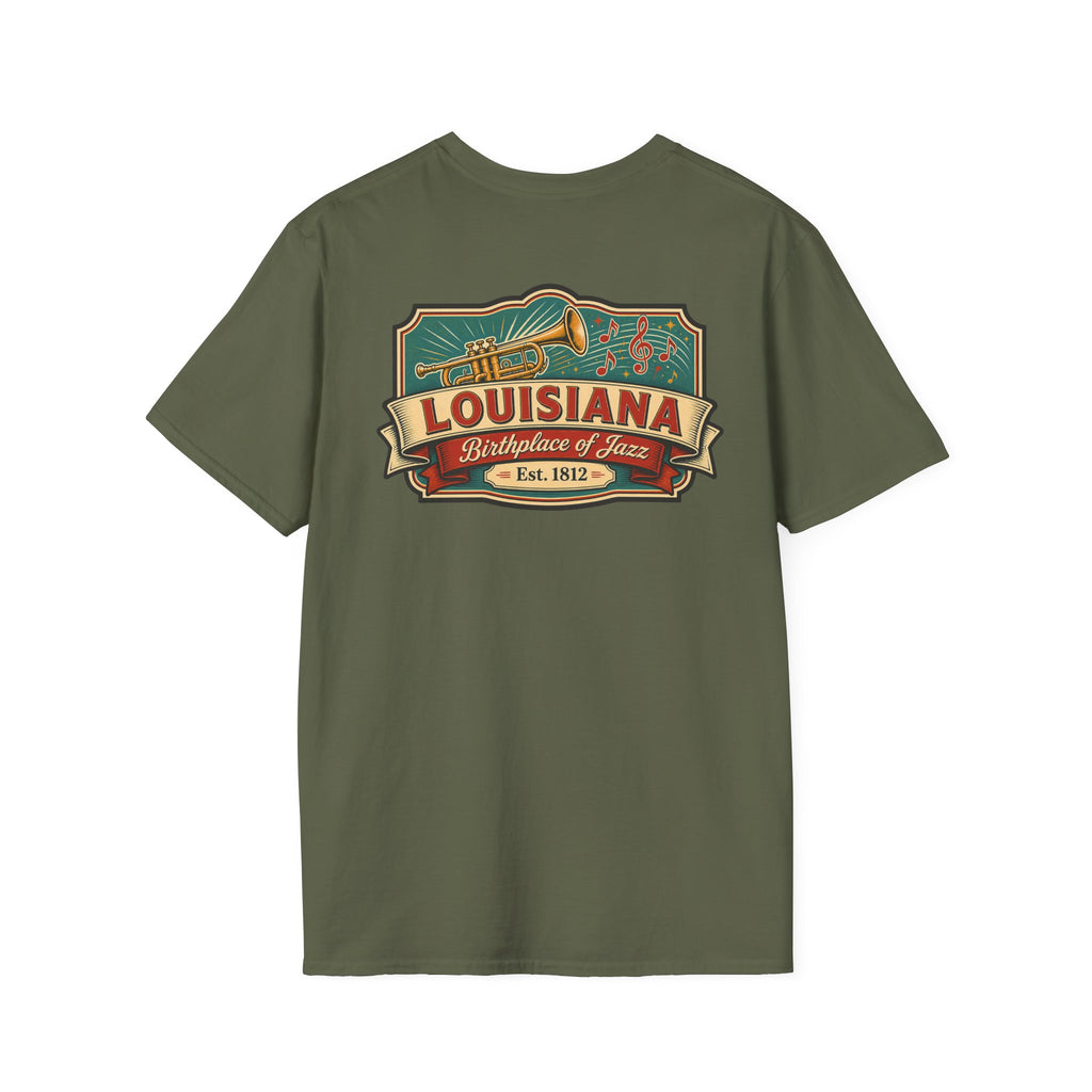 Military green Louisiana T-shirt with vintage travel graphic chest print