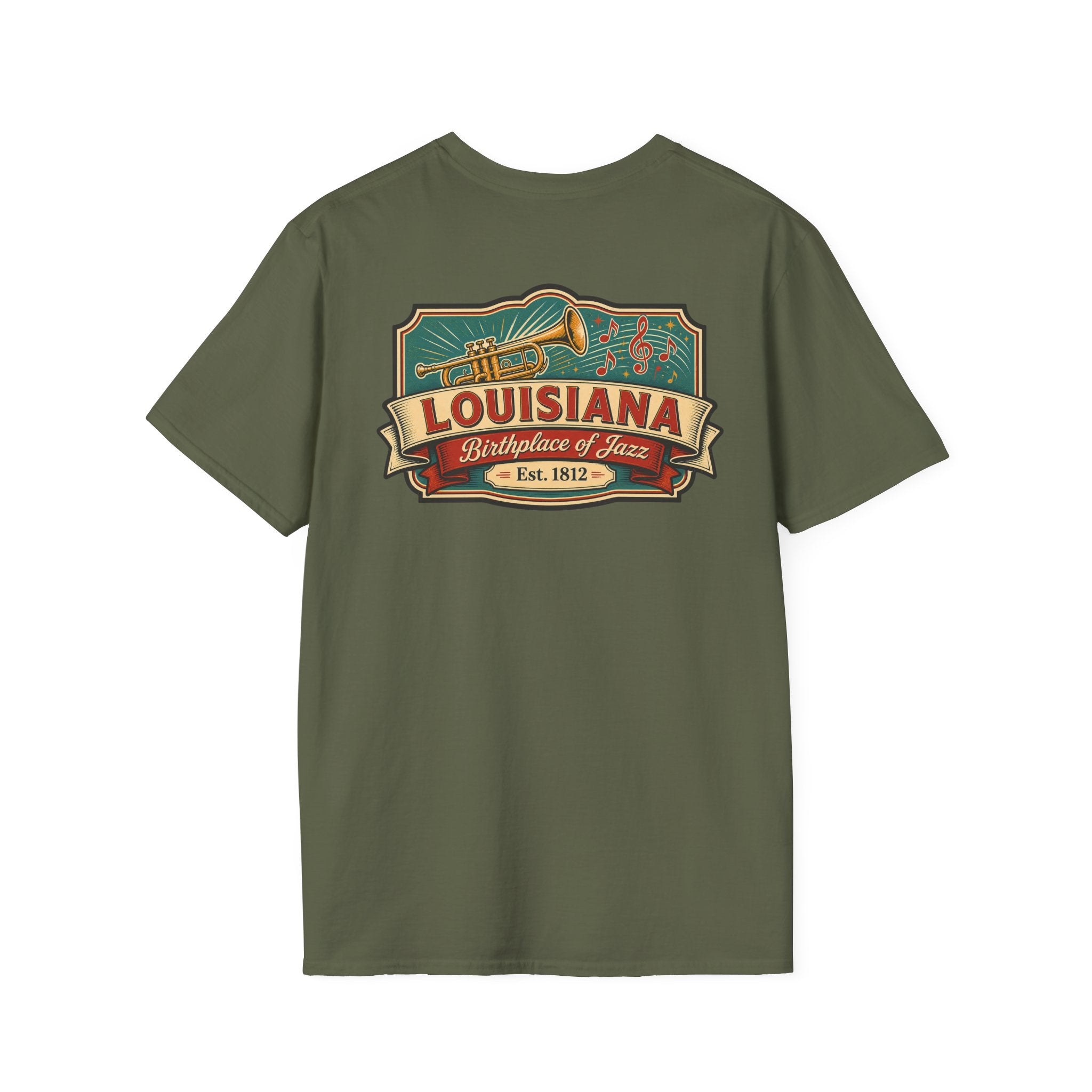 Military green Louisiana T-shirt with vintage travel graphic chest print