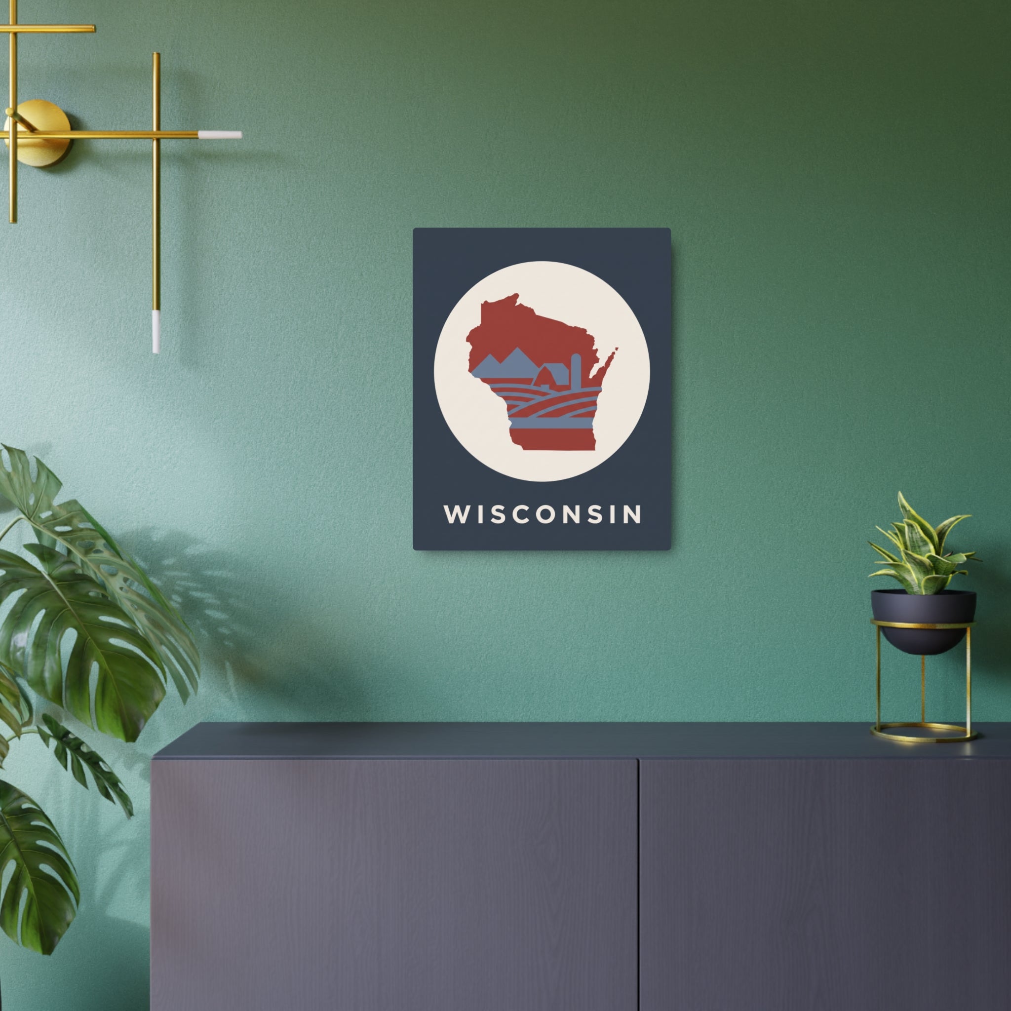 Wisconsin metal art sign: centered circular emblem with state silhouette and 'Wisconsin' lettering