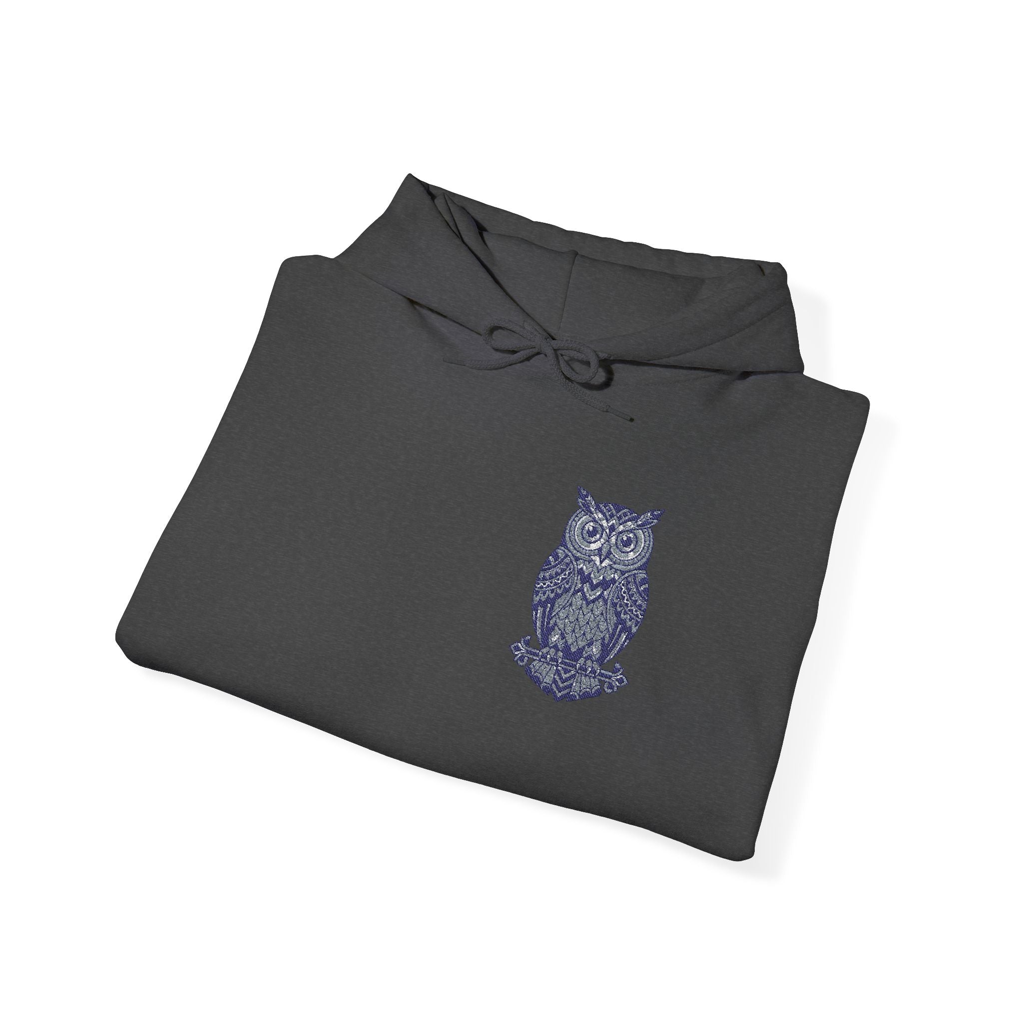 Dark gray hoodie with blue owl chest graphic
