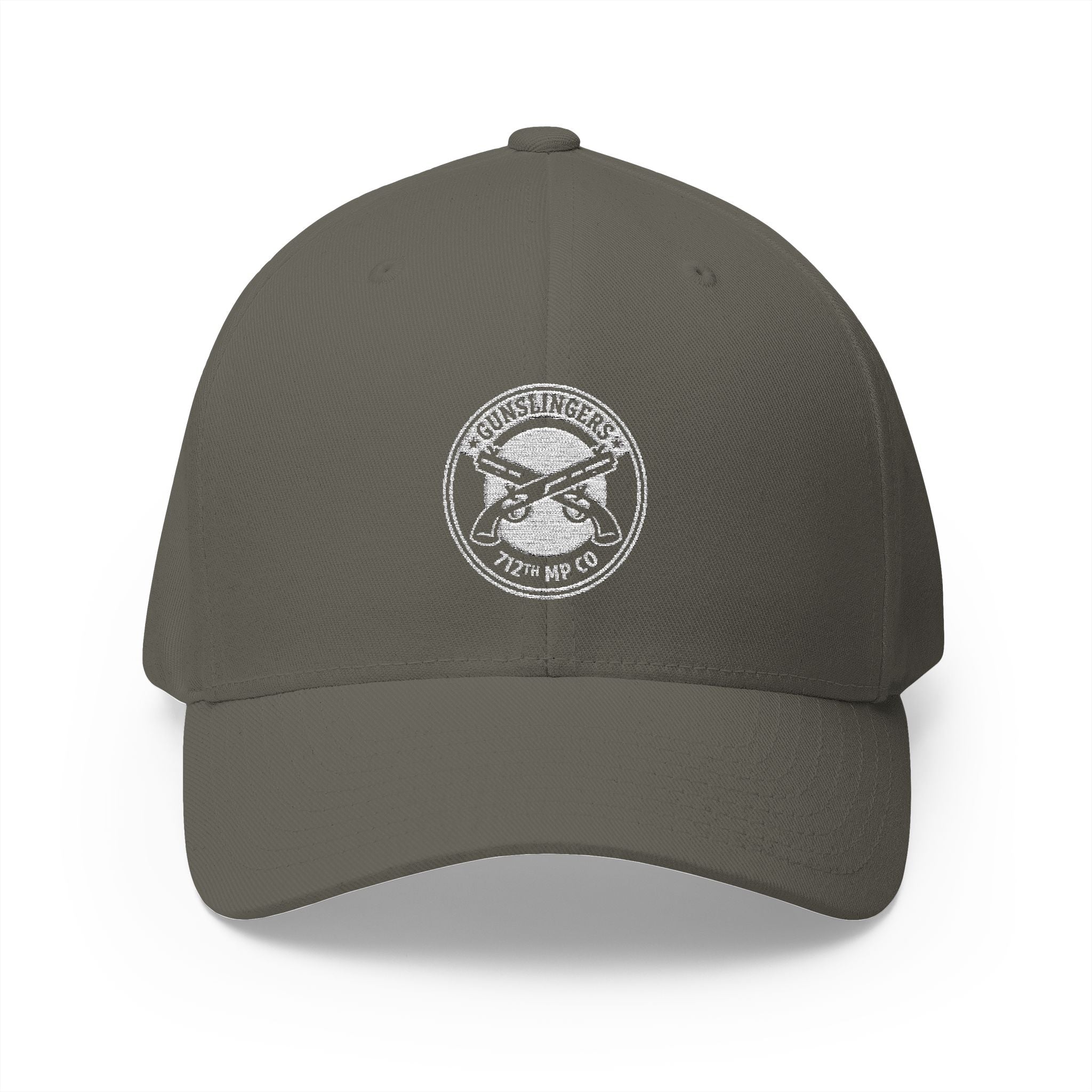 Embroidered baseball cap, olive/dark green with circular white emblem at center