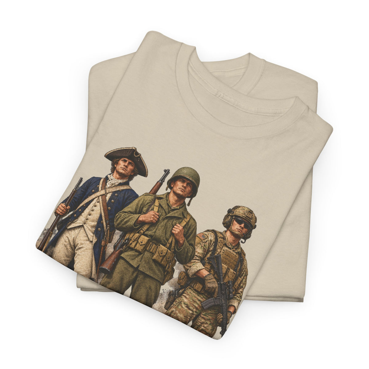 Beige crewneck T-shirt with vintage soldiers graphic front print.