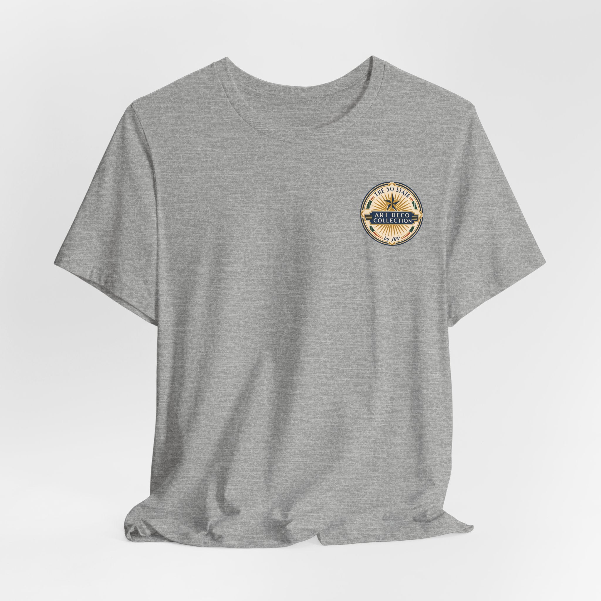 Heather gray t-shirt with round badge logo on chest