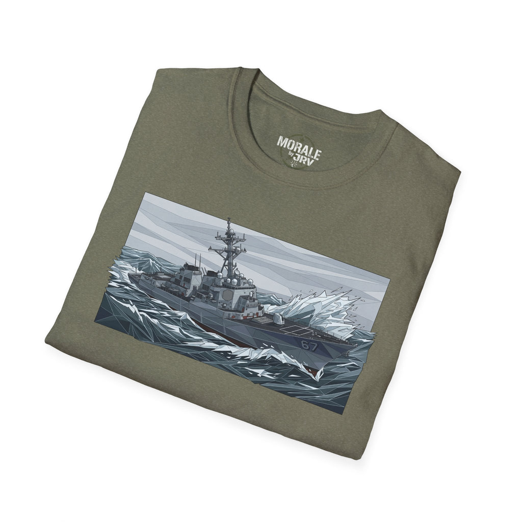 Military green T-shirt with battleship graphic print on front