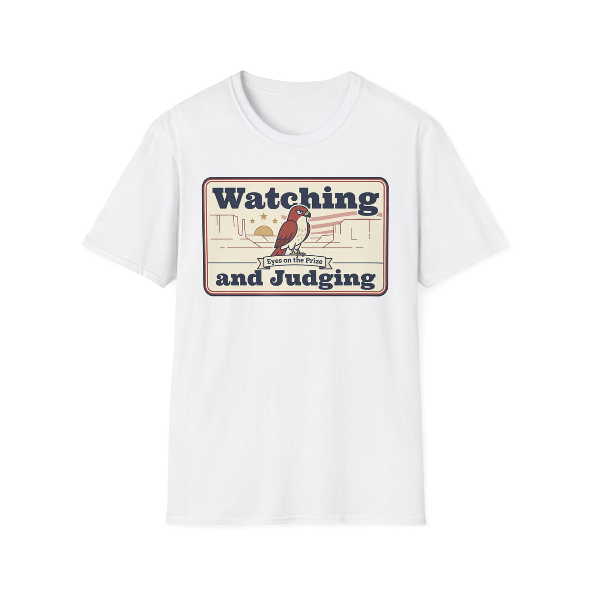 White T-shirt front with 'Watching and Judging' bird graphic.