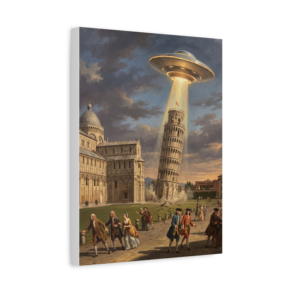 UFO abduction canvas print with luminous saucer over Leaning Tower and travelers