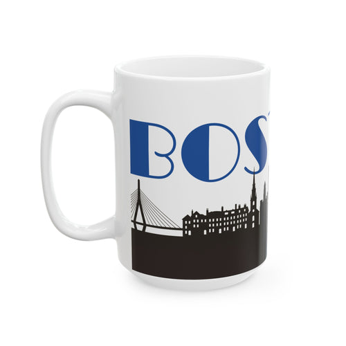 White ceramic mug with blue BOS lettering and black skyline silhouette with bridge