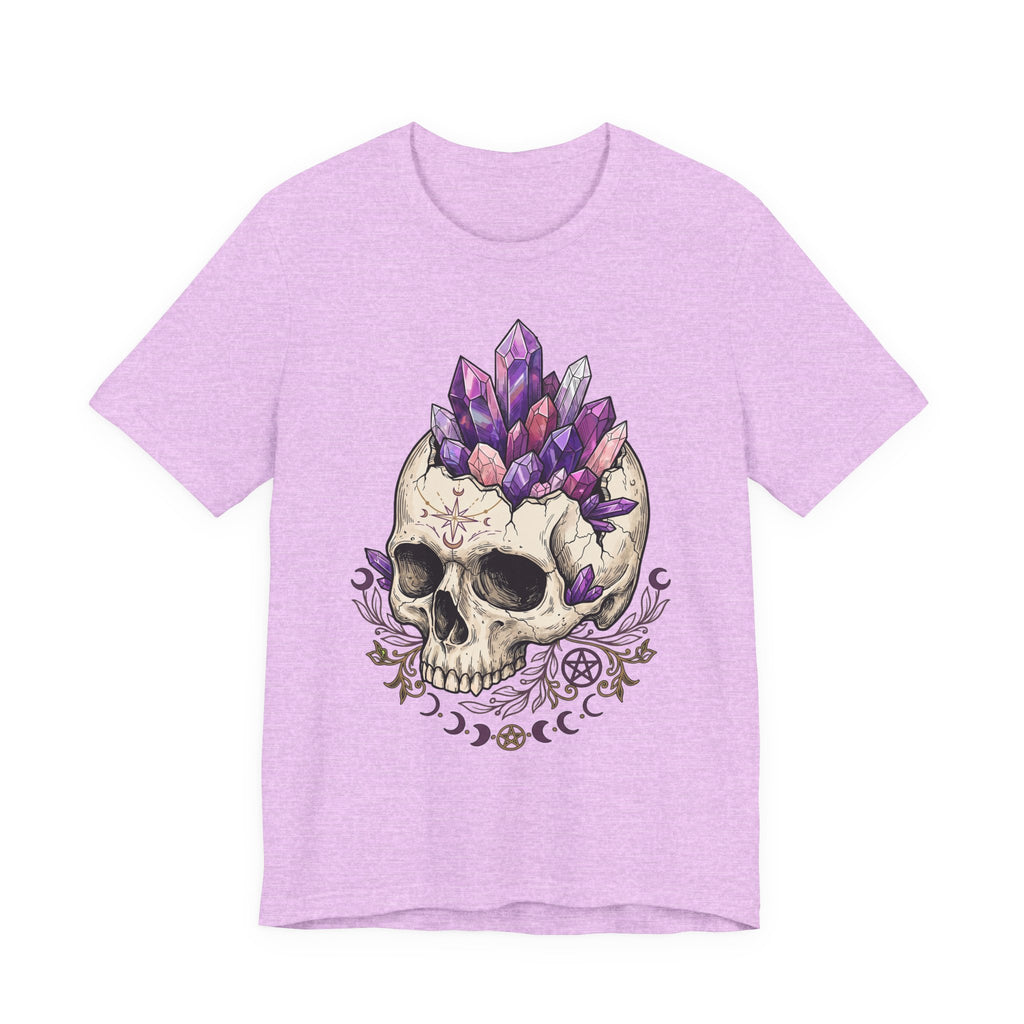 Mauve unisex T-shirt with purple amethyst crystal skull and decorative symbols