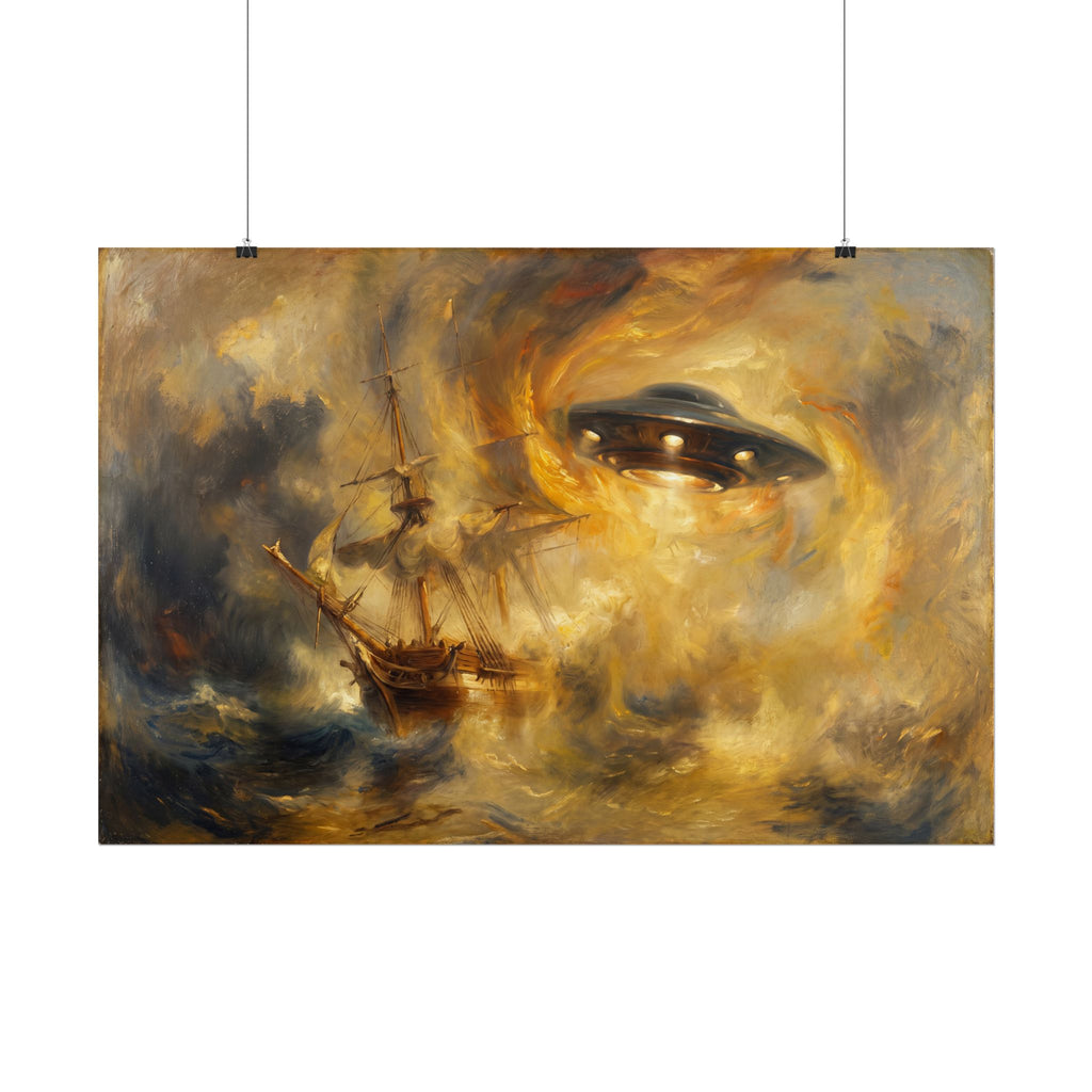 Horizontal fantasy shipwreck scene print with glowing golden eye-like face and masts