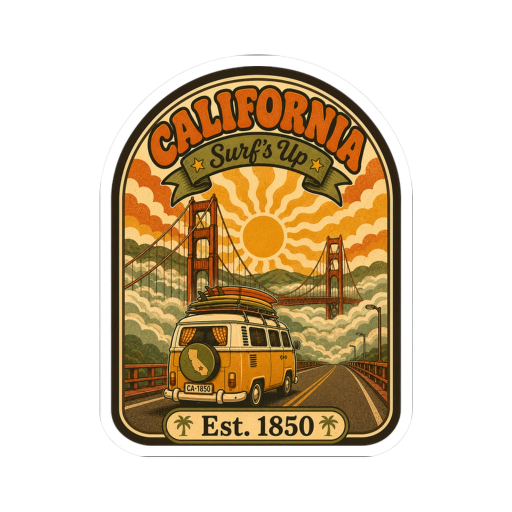 Round vintage-style California surf van sticker with bridge, sun icon, and “Est. 1850”.