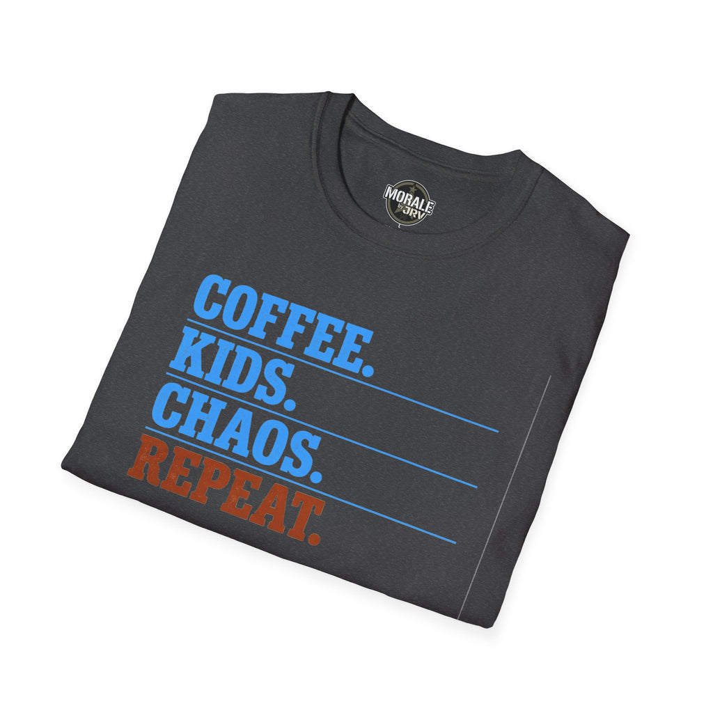 Dark heather T-shirt front: “COFFEE. KIDS. CHAOS. REPEAT.”