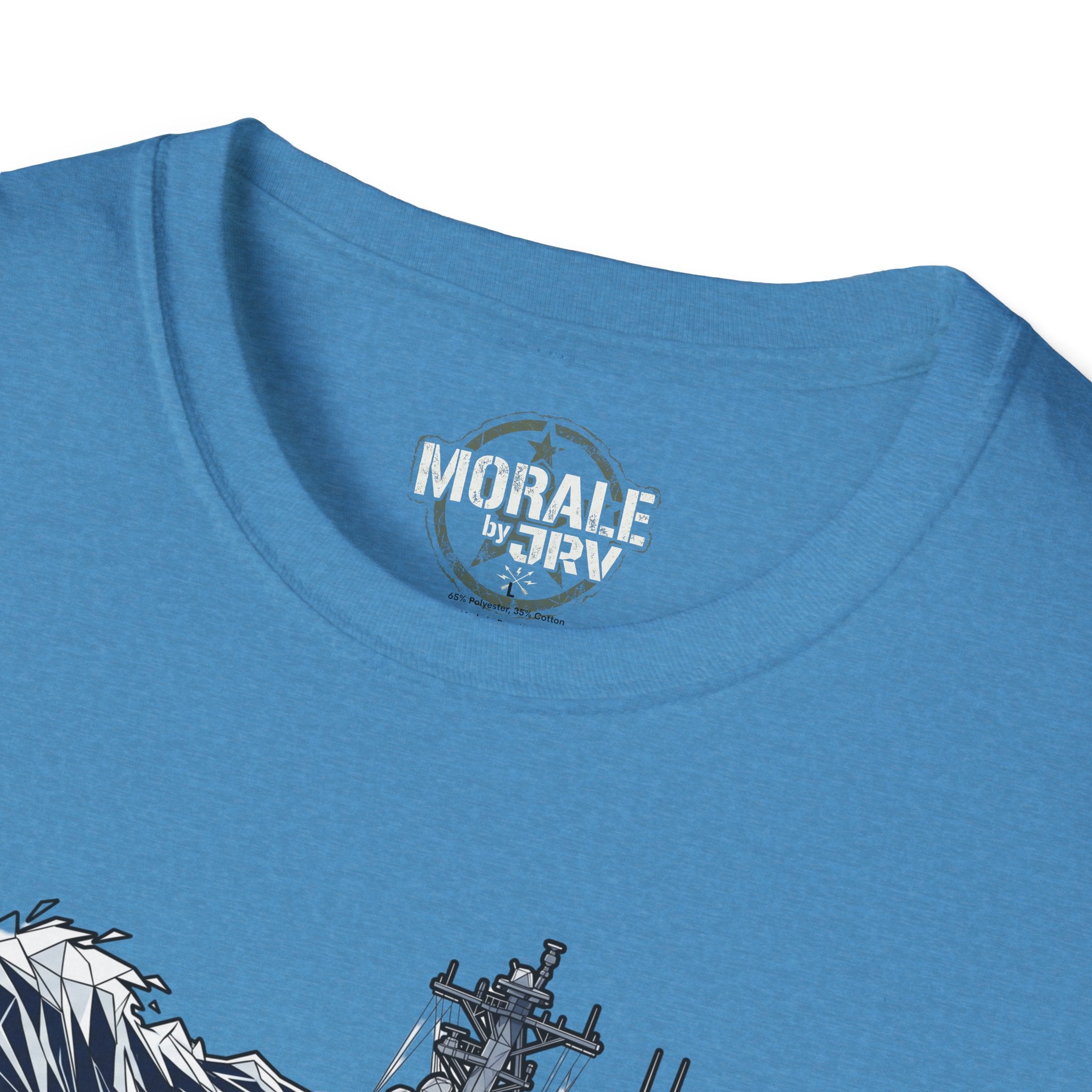 Light blue T-shirt logo at back neckline with partial ship graphic