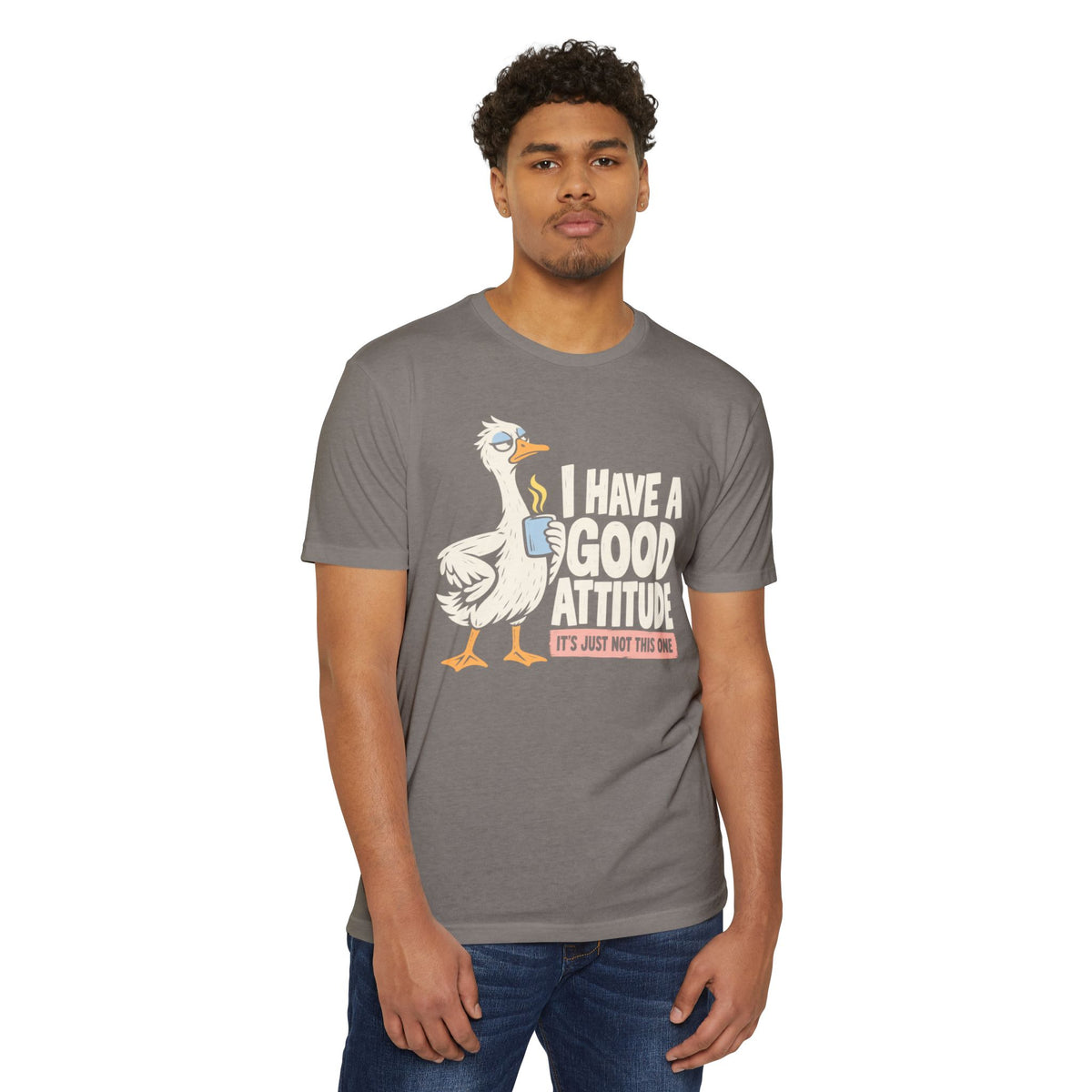 Heather gray T-shirt with rooster coffee graphic and 'I Have a Good Attitude' text