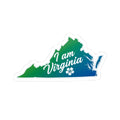 I am Virginia sticker: green and blue state silhouette with white border and text