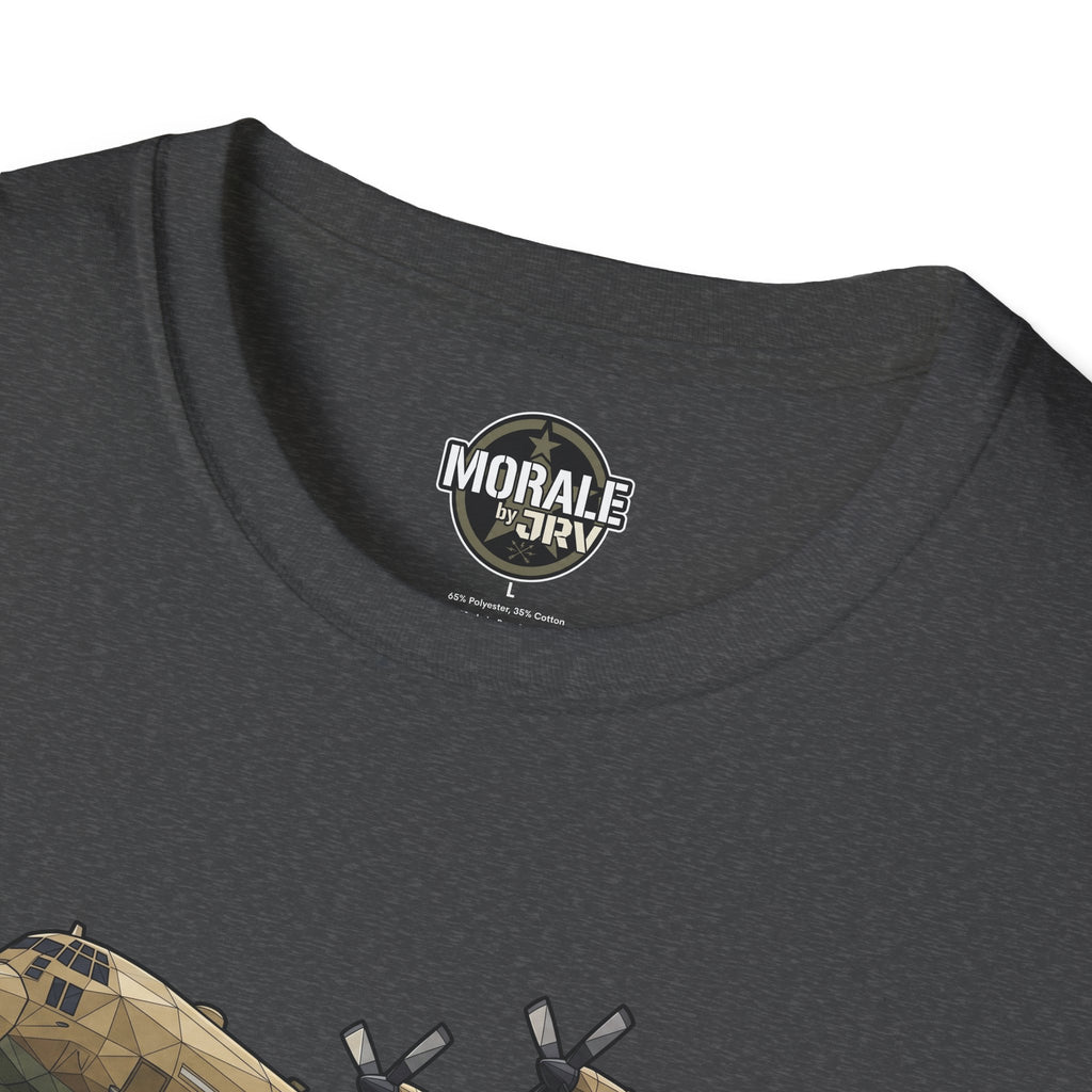 Dark heather C-130 T-Shirt, “Morale by JRI” oval logo at the crew-neck