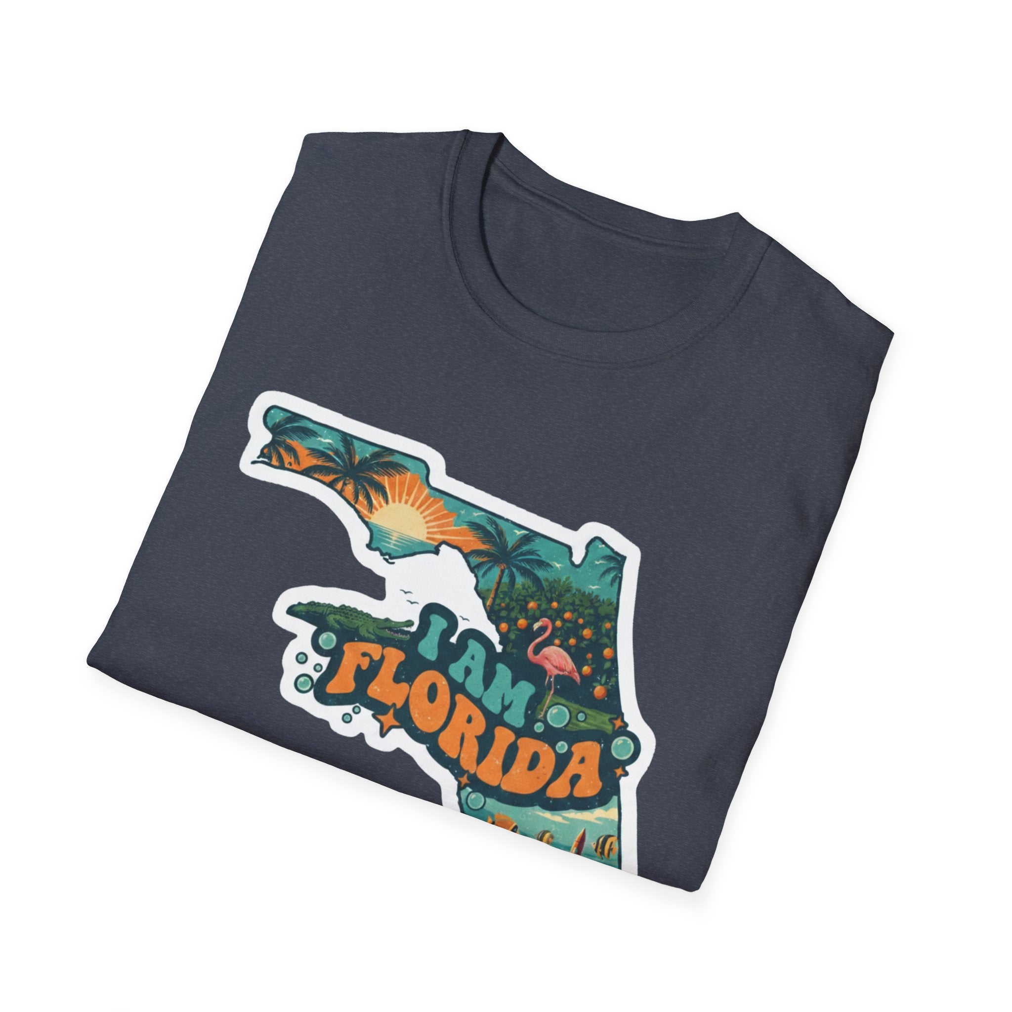 Dark gray I Am Florida T-shirt with tropical Florida map and sunset graphic