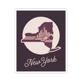 Square kiss-cut decal featuring New York state silhouette skyline in a circle and cursive “New York”.