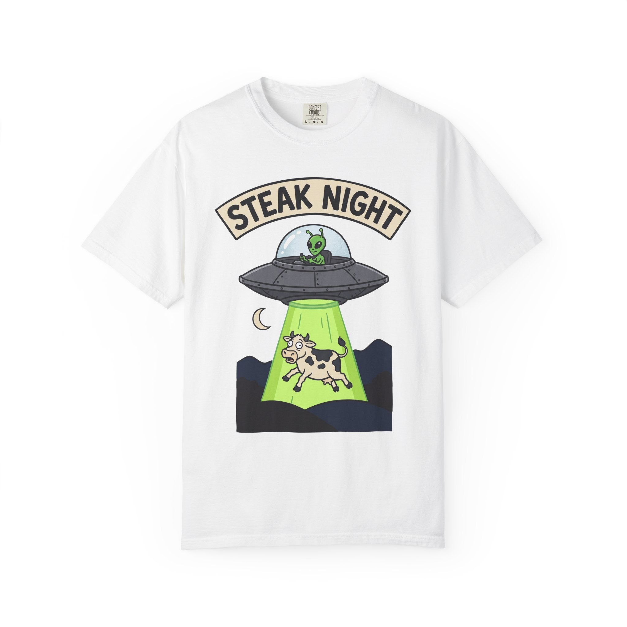 White T-shirt with “Steak Night” alien and cow graphic