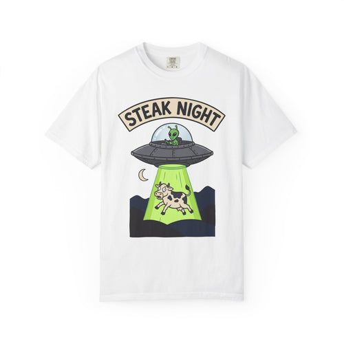 White T-shirt with “Steak Night” alien and cow graphic