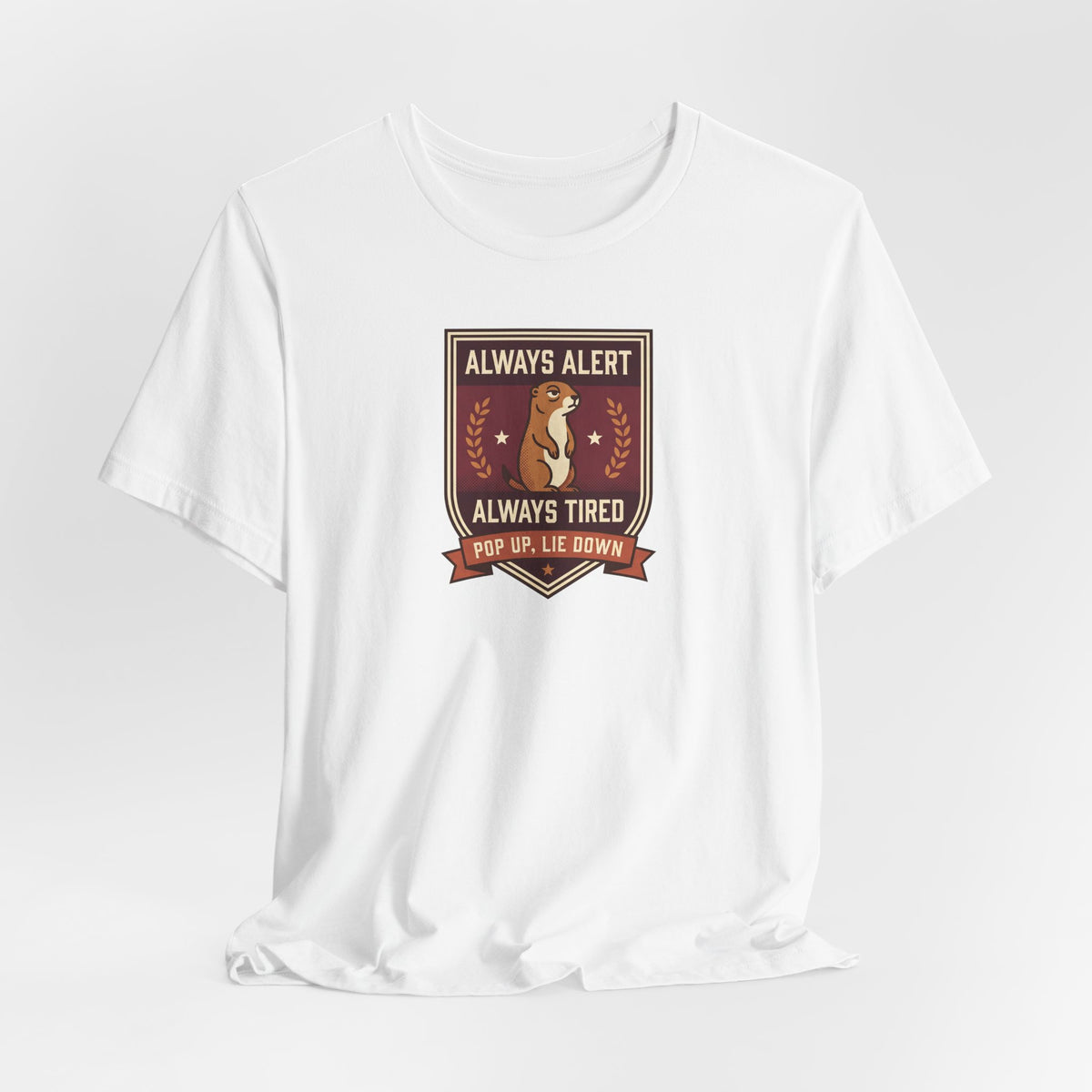 White crewneck T-shirt with brown squirrel crest badge graphic on chest