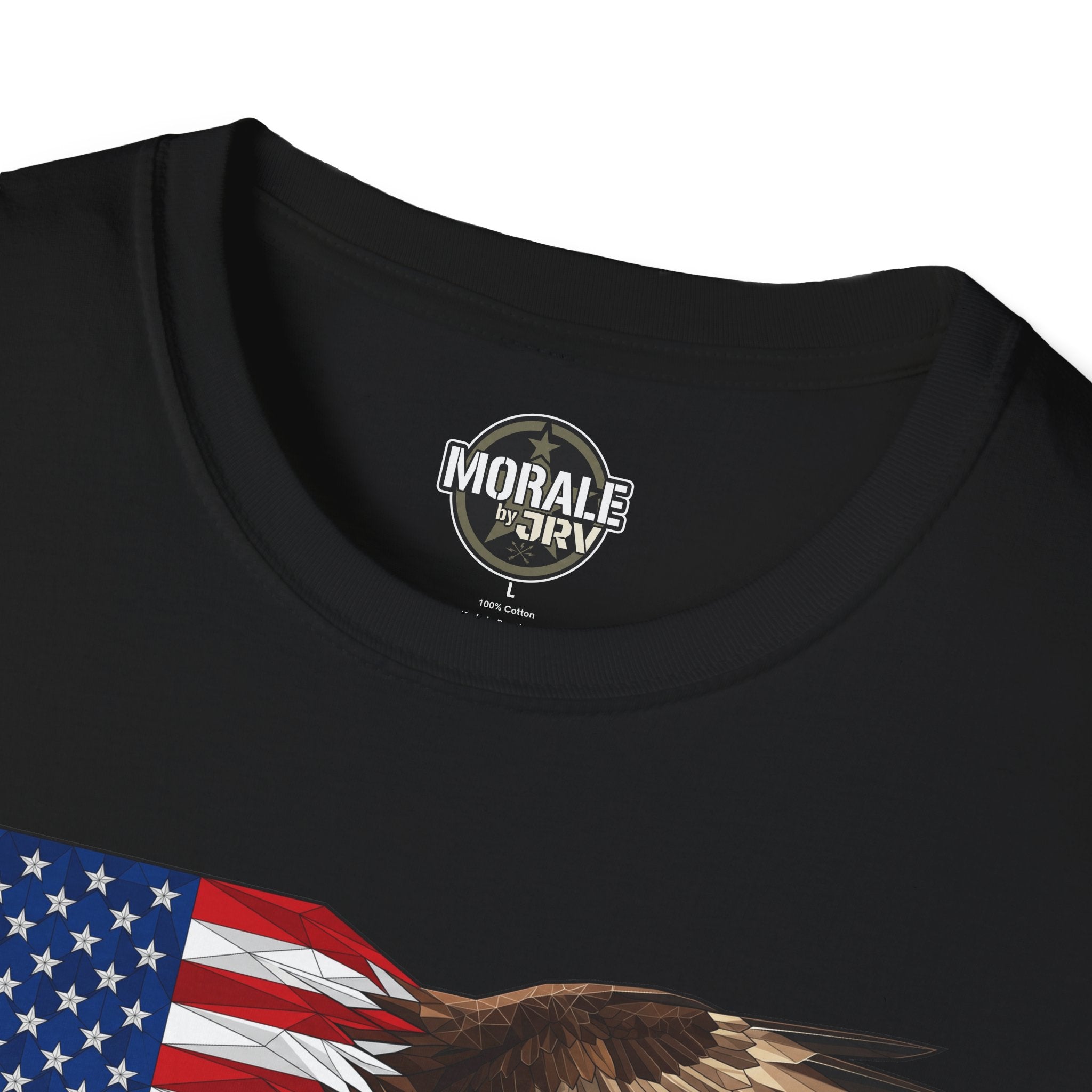 Black T-shirt neckline with Morale by Dry logo and eagle flag wing print
