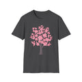 Cherry blossom tree T-shirt, pink floral design on dark charcoal front