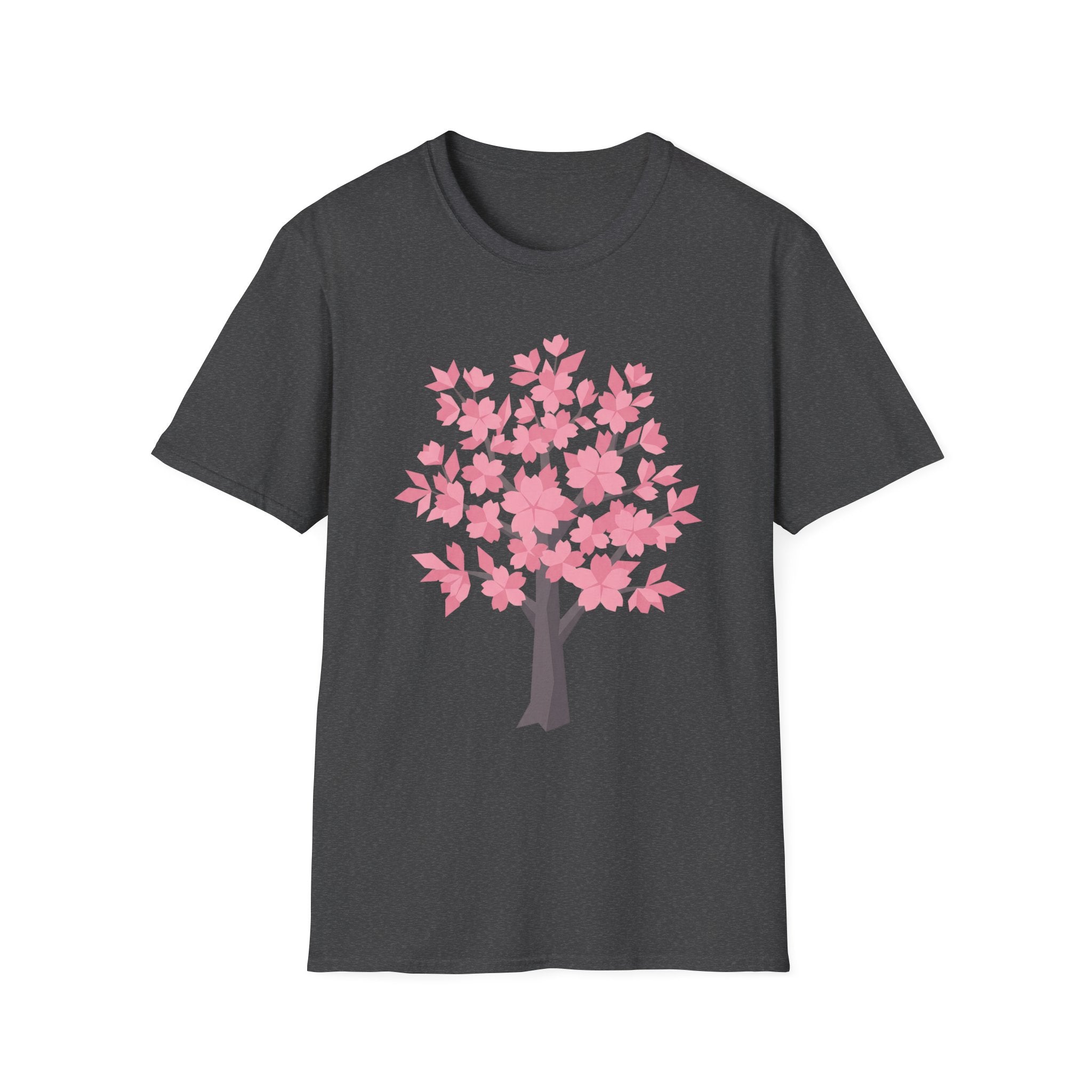 Cherry blossom tree T-shirt, pink floral design on dark charcoal front