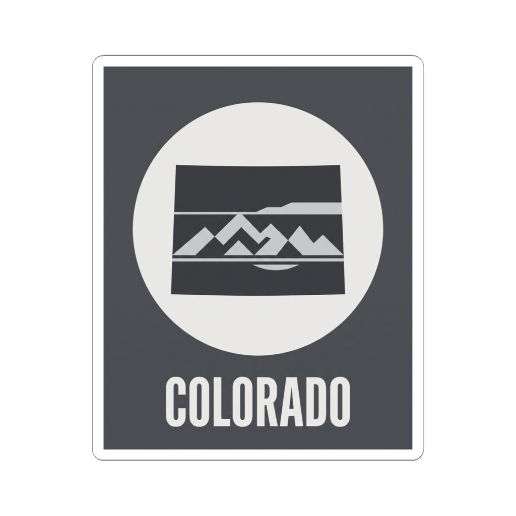 Colorado badge sticker showing mountain graphic inside white circle on dark background with COLORADO