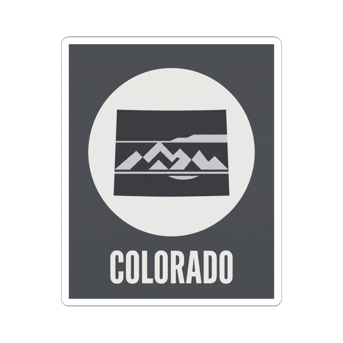 Colorado badge sticker showing mountain graphic inside white circle on dark background with COLORADO