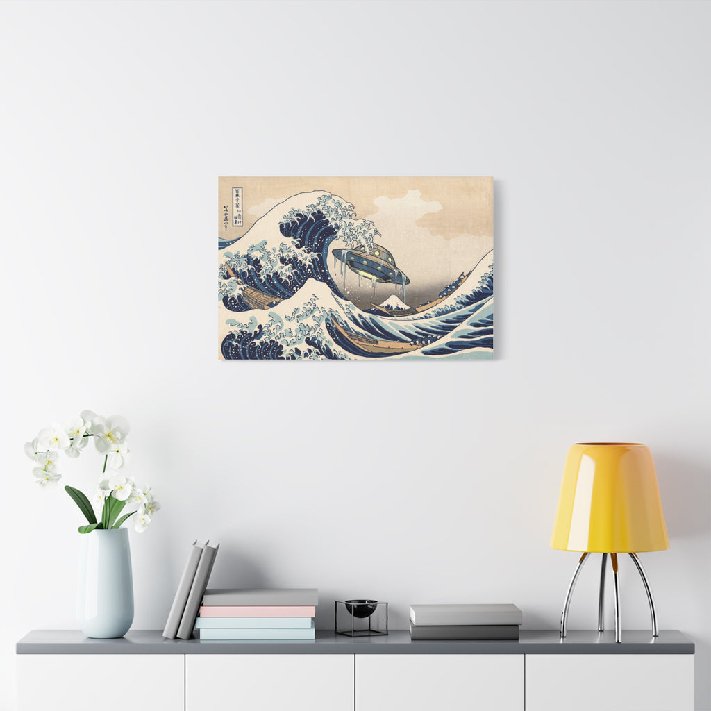 Stretched canvas print with blue wave crests and small UFO in vintage beige tones