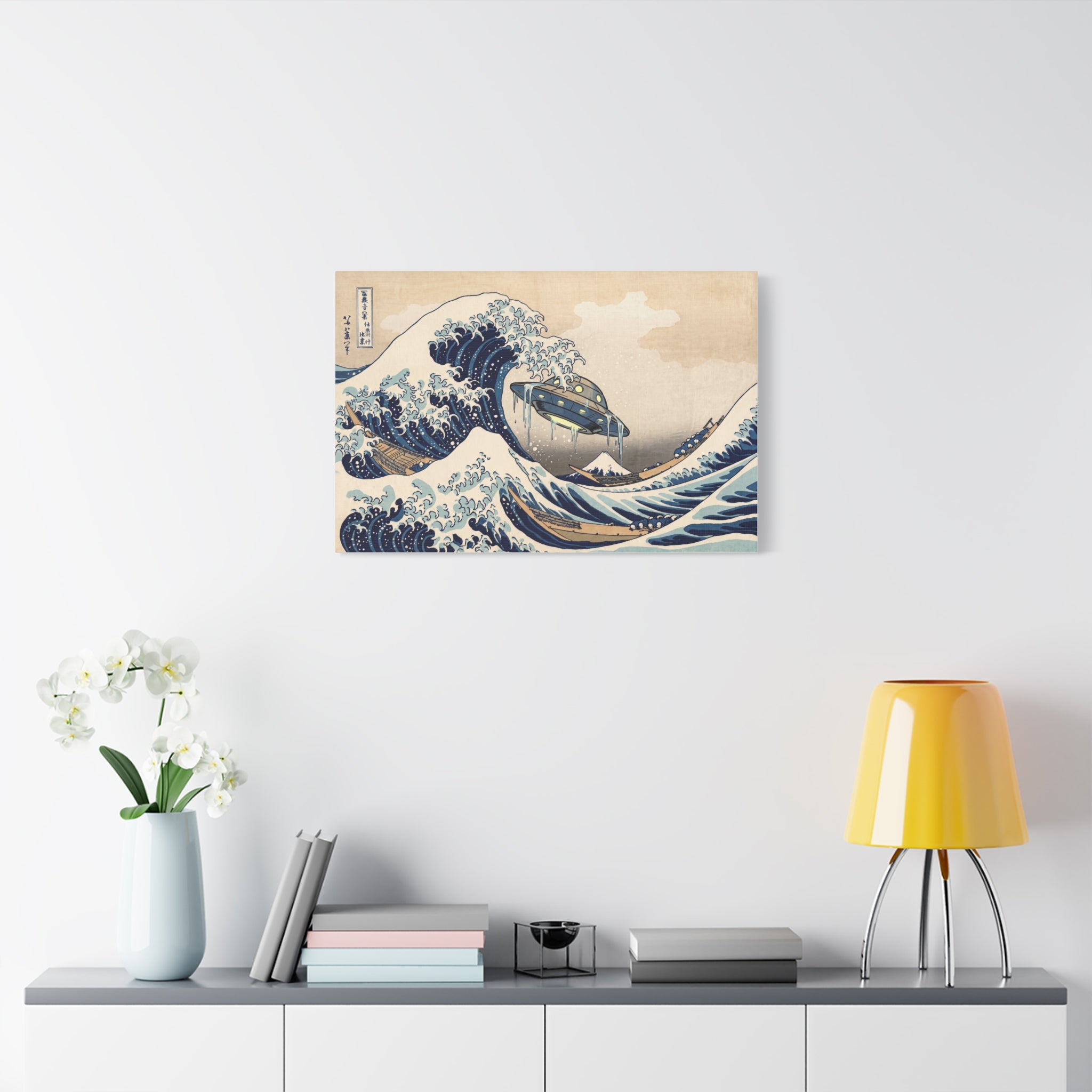 Stretched canvas print with blue wave crests and small UFO in vintage beige tones