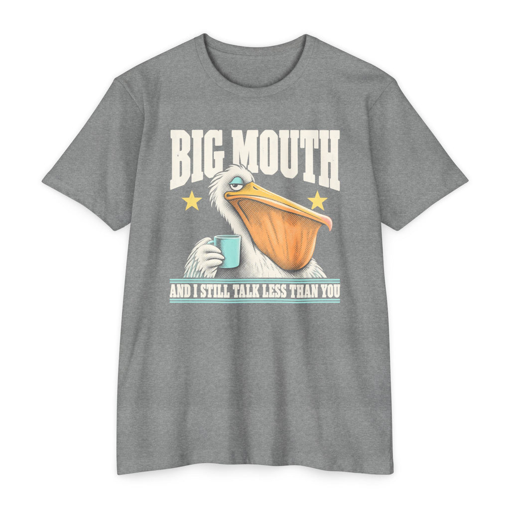 Heather gray T-shirt with pelican-and-coffee cup graphic and 'BIG MOUTH' text