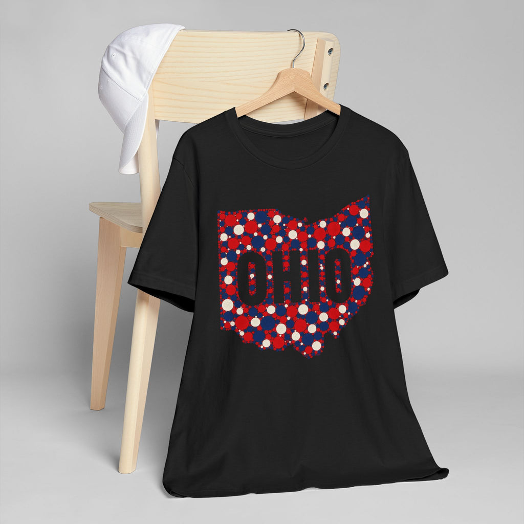 Black crew-neck T-shirt with red and blue Ohio dot outline graphic on front.
