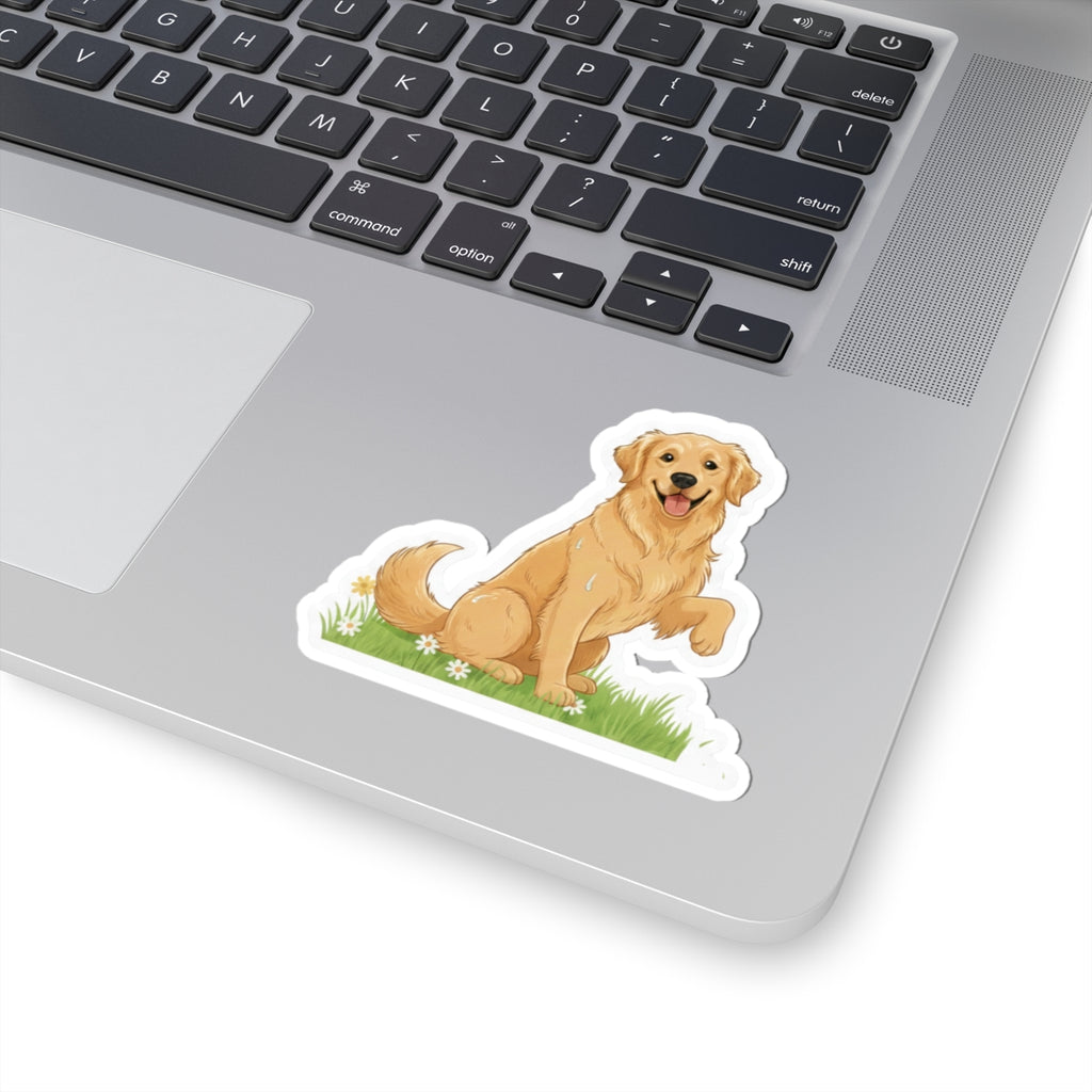 Golden Retriever sit and shake decal on laptop, sitting tan dog in grass