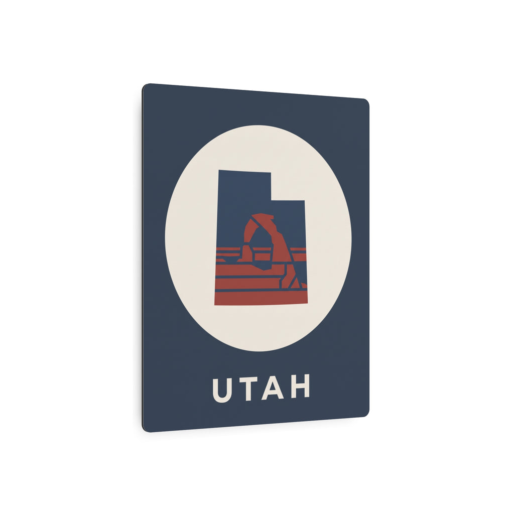 Utah metal art sign with oval Utah graphic and 'UTAH' lettering on dark blue square