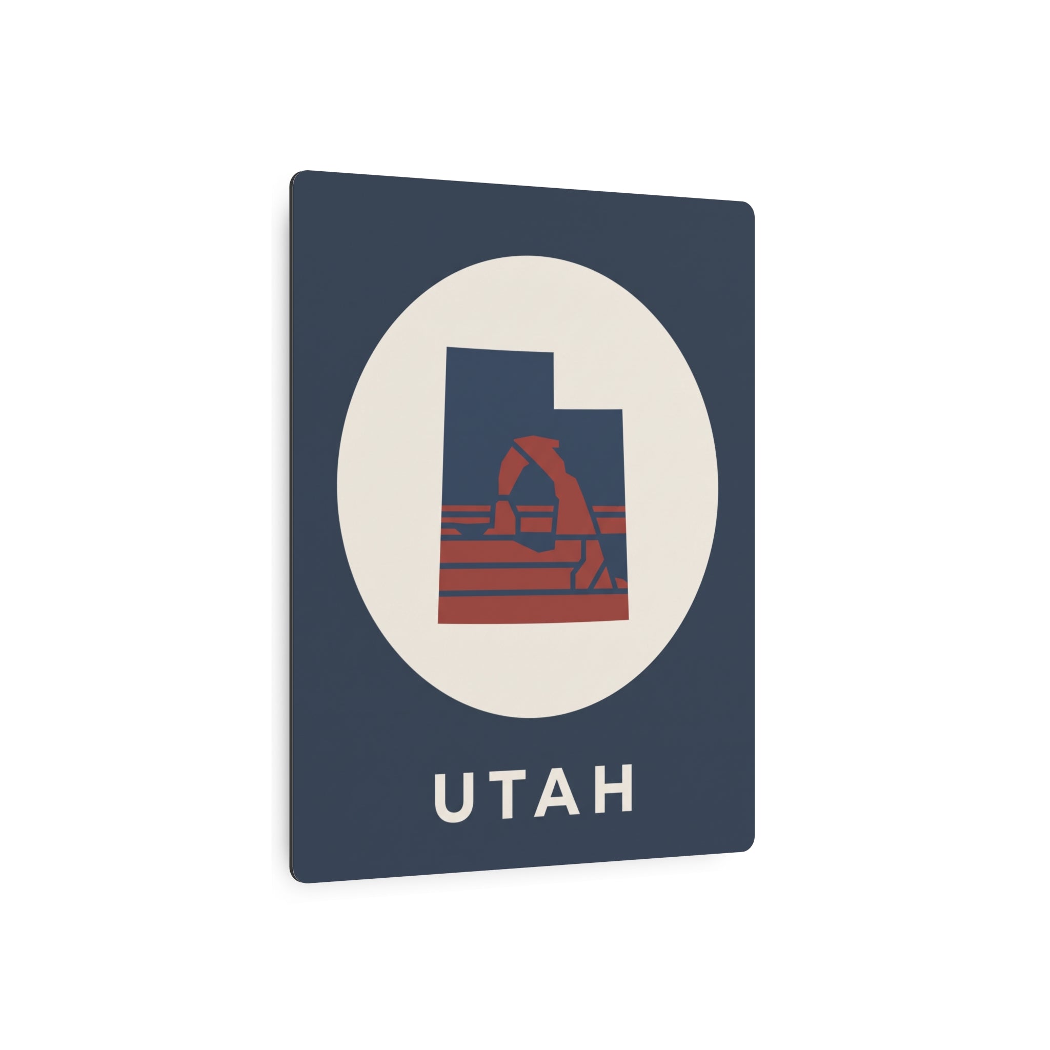 Utah metal art sign with oval Utah graphic and 'UTAH' lettering on dark blue square