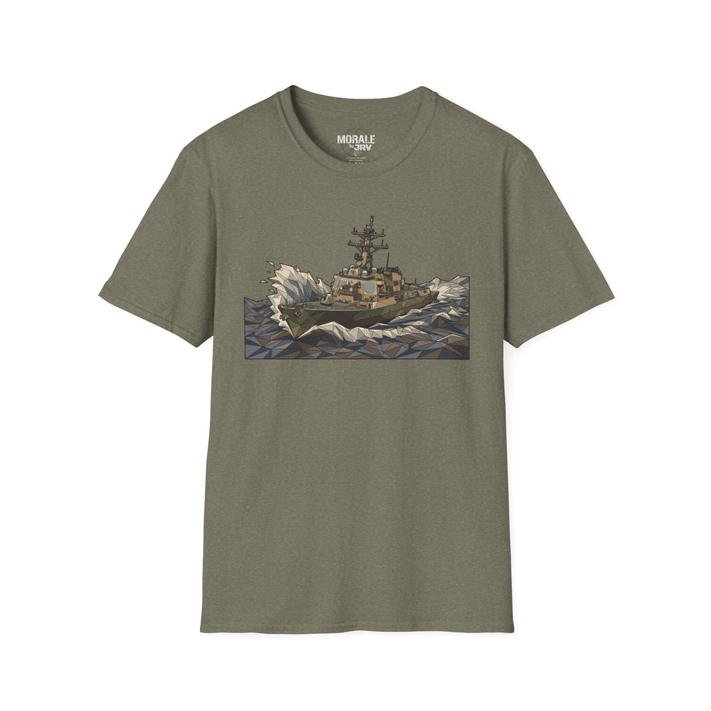 Olive green Coast Guard cutter T-shirt with rough seas ship graphic on front